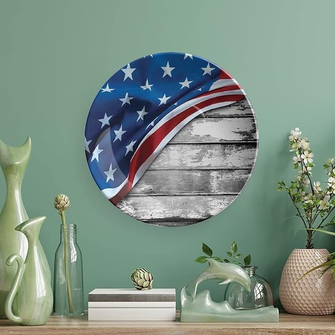 Decorative Plates, American Flag Decor Print Ornament, Flag Over Antique Rustic Rippled Board, 7 Inch, 1 Plate with 1 Display Stand, Grey Navy