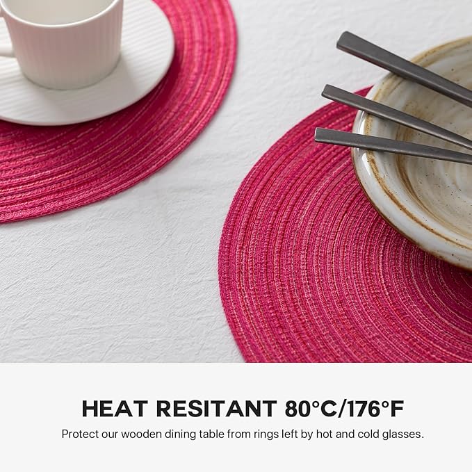 Round Placemats Set of 12 Woven Placemats Washable Braided Table Mats for Dining Table Heat Resistant Non-Slip Circle Place Mats(Pink)