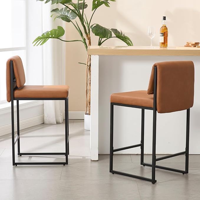 Modern Barstools Set of 2, 26” Upholstered Counter Height Bar Stools PU Leather Fabric Counter Stools with Padded Back Metal Frame for Kitchen Island Dining Room, Brown