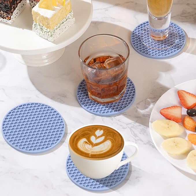 Silicone Coaster Set of 12 with Holder, Drinks Coasters, Beer & Coffee, Suitable for All Cups, Hot or Cold, Anti-Slip, Non-Stick, Anti-Overflow Tabletop Protection and Decor (12 Pcs, Blue)