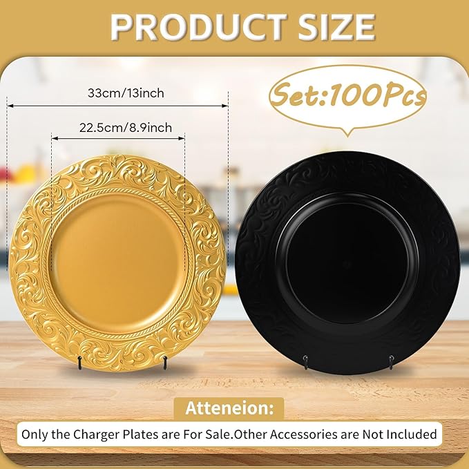 PROY 100 Pcs Antique Gold Charger Plates Bulk, 13in Plastic Embossed Dinner Gold Chargers, Round Phoenix Pattern Elegant Floral Charger Plates for Dinner Wedding Party Event Table Setting Decoration