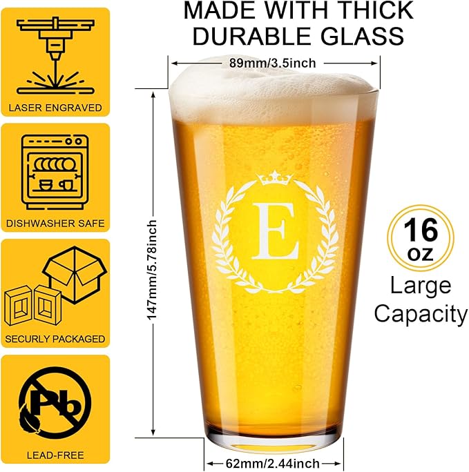 Personalized Beer Glasses Gifts for Men, 16 oz Pint Glasses Monogrammed A-Z Drinking Glass Cups Customized Gift, Unique Christmas Anniversary Birthday Gifts for Men Him Dad Brother Husband Grandpa (E)