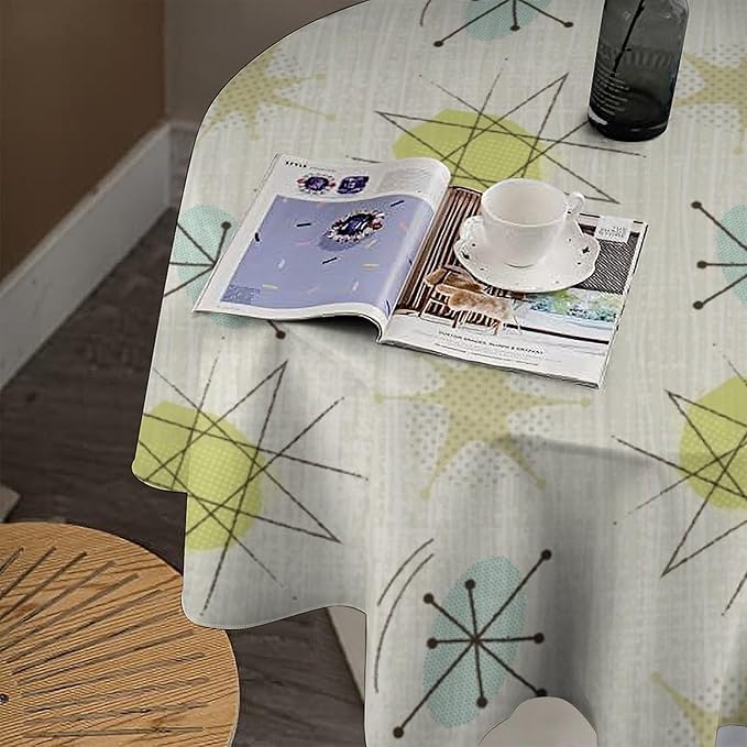 Mid Century Retro Round Tablecloth, Modern 1950s Style Abstract Geometric Vintage Print Tablecloth for Home Party Dining Room Kitchen Decor 60Inch(152cm)