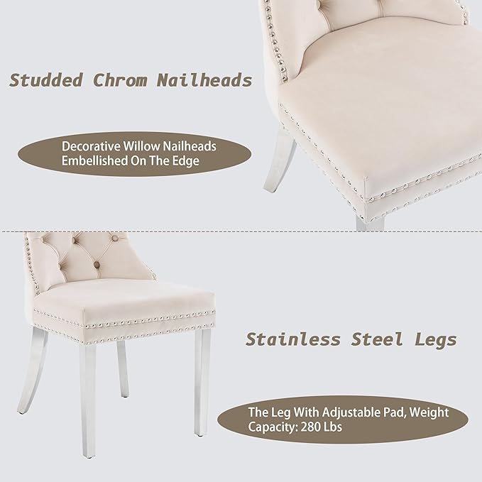 KCC Velvet Dining Chairs Set of 6, Upholstered High-end Tufted Dining Room Chair with Nailhead Back Ring Pull Trim Stainless Steel Legs, Contemporary Nikki Collection Modern Style for Kitchen, Beige