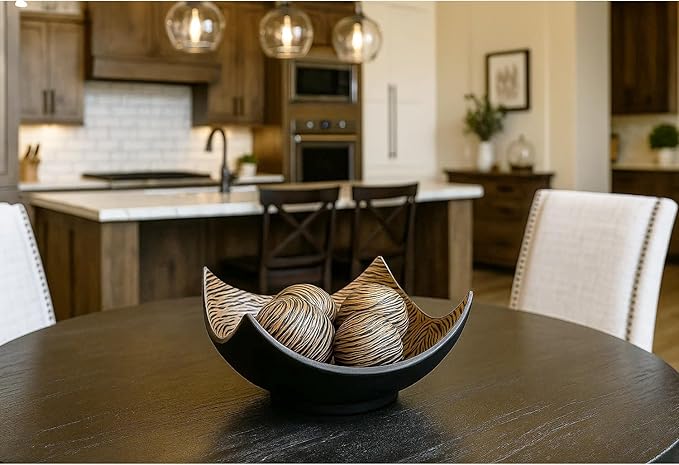 Seraphic 5pc Large Decorative Scoop Bowl Set with Stylish Orbs/Balls – Elegant Centerpiece for Dining/Kitchen Table, Living Room, or Office Decor, 14" diagonal. 11" wide and 5.75" tall, Brown