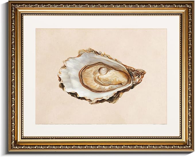 InSimSea Gold Framed Wall Art, Vintage Oyster Shell Sketch Kitchen Wall Decor, Still Life Canvas Print Art, Dining Room Farmhouse Decor, Antique Paintings with Picture Frame 13x16inch