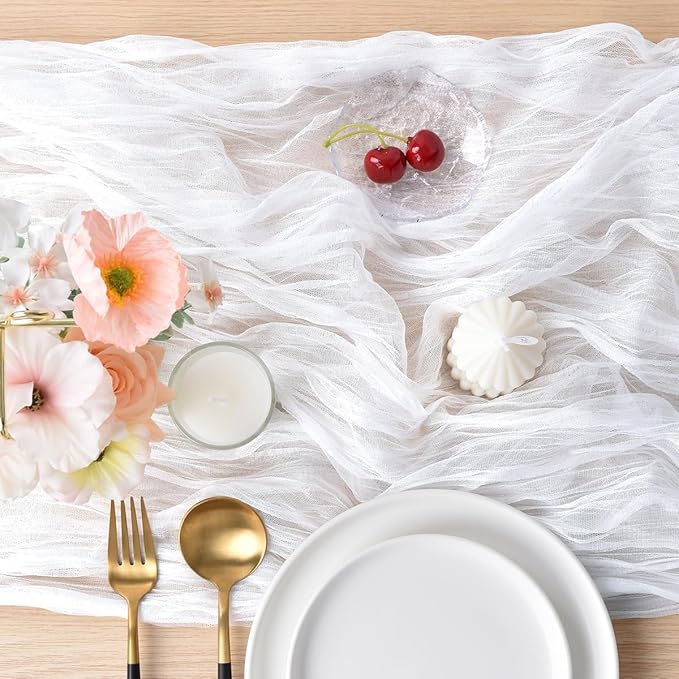 Joanlody Ivory Cheesecloth Table Runner Fall Thanksgiving 10Ft Rustic Gauze Boho Cheese Cloth Table Runner for Wedding Bridal Baby Shower Decoration
