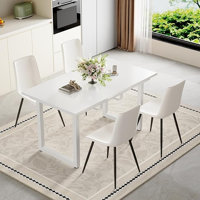 Extendable Dining Table Set for 4, 55"–71" Modern White Kitchen Table with 4 Upholstered Chairs, Space-Saving for Living Room Apartment, Sturdy & Comfortable, Easy Assembly
