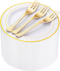 WELLIFE 120 PCS Plastic Dessert Plates and 120 PCS Forks, 6.3 inch Disposable Salad Plate, Premium White Appetizer Plates with Gold Rims Perfect for Party and Wedding