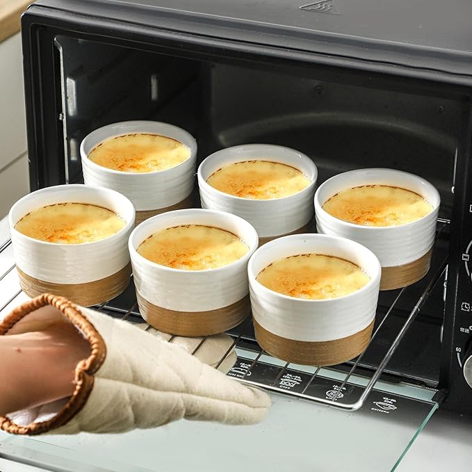 Ramekins 8 OZ for Creme Brulee Oven Safe,Ceramic Souffle Cups Set of 6,Small Dipping Sauce Cups for Charcuterie,Dessert,Dipping Sauce,Custard and Pudding,Microwave & Oven Safe,Patchwork White