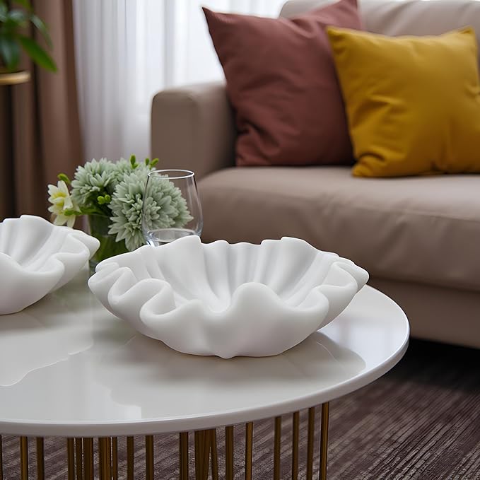 10" Large Handmade Decorative Bowl decor , Handicraft Scalloped Bowls for Modern Home Decor,Ruffle Decor,Key Bowl for Entry Table,Decorative Fruit Bowl for Kitchen Counter,Artificial Stone Milky White