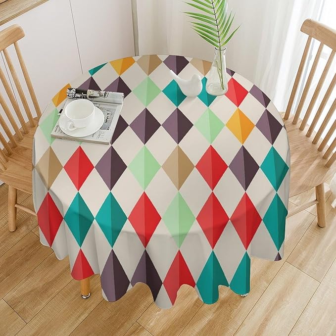 Abstract Geometric Round Tablecloth, Modern Mid Century Background Mid Century Colorful Print Pattern Tablecloth for Home Party Dining Room Kitchen Decor 60Inch(152cm)