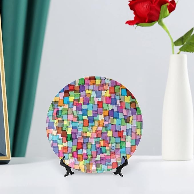 Ceramic Plates, Abstract Decorative Ceramic Plates, Mosaic Tile Pattern Colorful Squares Cubes, 8 Inch, for Dining, Parties, Wedding, Multicolor
