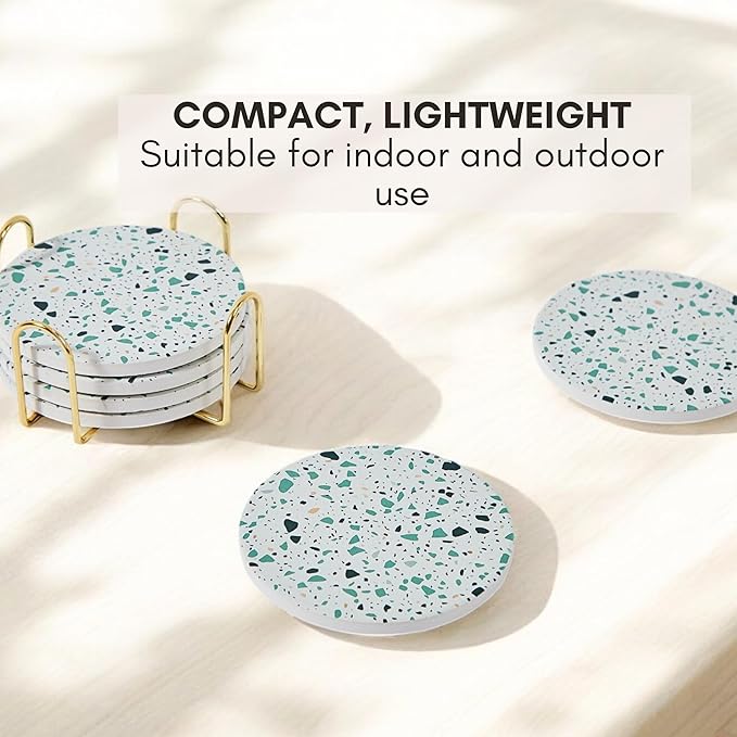 Terrazzo Coasters Set of 6, Ceramic Absorbent Drink Coasters, Cute Moisture Absorbing Coaster, Coffee Table Desk Decor, Colorful Stone Coaster for Drinks (Sage)
