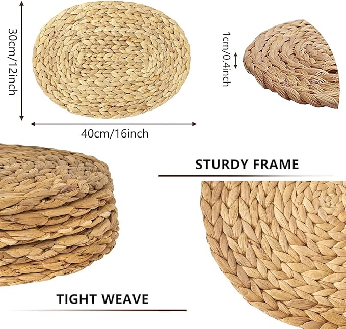 Oval Woven Placemats Set of 6, Natural Water Hyacinth Charger Plates Non-Slip Weave Placemats Farmhouse Straw Braided Rattan Tablemats, Oval Wicker Place Mats for Dining Table