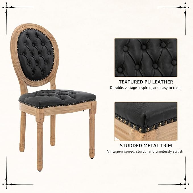 Vintage French Dining Chairs Set of 8, Round Back PU Leather Upholstered Side Chairs with Nailhead Trim and Solid Wood Frame, Sillas de Comedor for Dining Room & Kitchen, Black