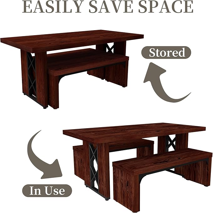 3-Piece Dining Table Set for 6 People, 70.8'' Rectangle Kitchen Table with 2 Benches for Breakfast Nook, Dining Room Furniture(Walnut Table+2 Benches)