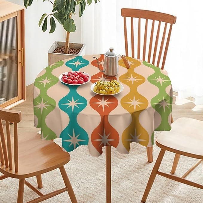 Mid Century Modern Round Tablecloth, Vintage Abstract Colorful Geometric Tablecloth for Home Party Dining Room Kitchen Decor 60Inch(152cm)