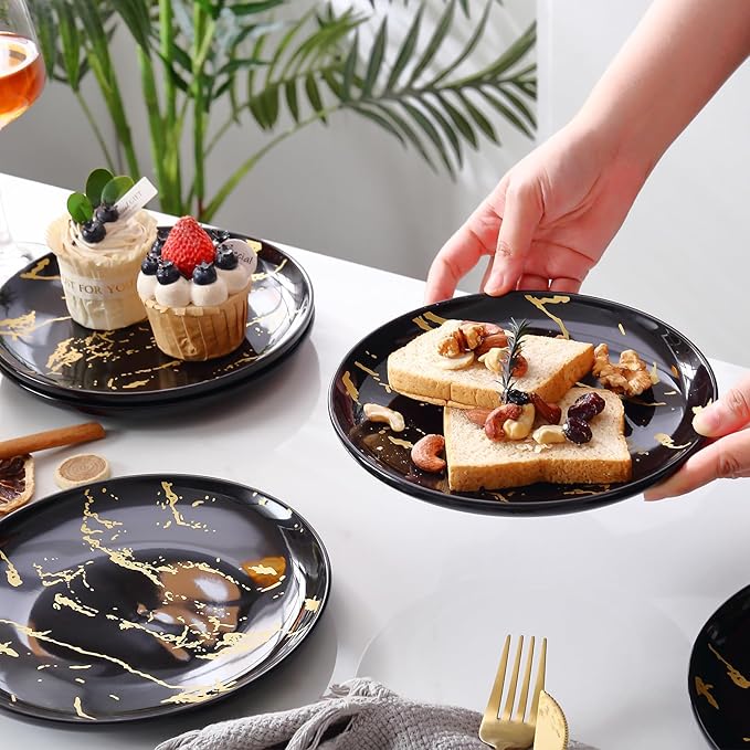 6-Piece Black Marble Ceramic Plates with Gold Rim, 8-Inch Dinner Plates Set, Oven & Microwave Safe, Dishwasher Safe, Elegant Appetizer, Salad, and Dessert Plates for Modern Dining