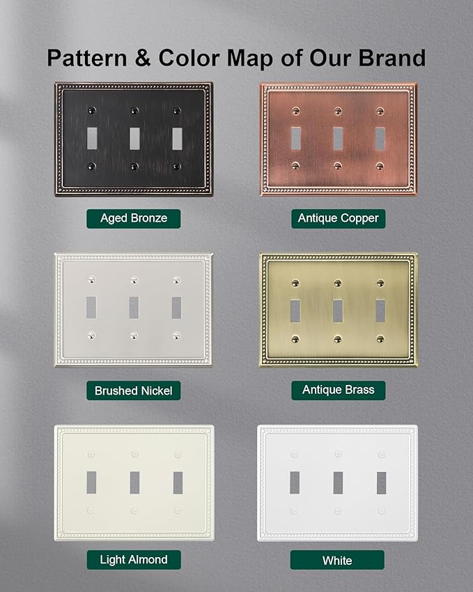 2-Pack Triple Toggle Light Switch Cover Plate, Pearls Decorative Switch Plate Covers, Brushed Nickel 3 Gang Metal Wall Plate