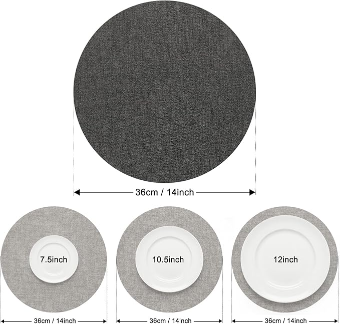 Myir JUN Reversible Vinyl Round Placemats Set of 6, Faux Leather Place Mats Dual Sided Waterproof Oilproof Wipeable, Heat-Resistant Table Mats for Kitchen Dining Indoor Outdoor (14", Light Gray Gray)