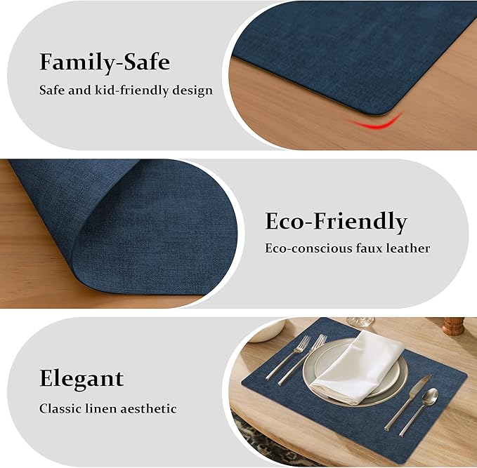 FROMHEART Faux Leather Placemats Set of 4–Waterproof,Heat/Oil Stain-Resistant PU Table Mat–Reversible,Non-Slip,Easy to Clean Place Mats for Kitchen,Dining,Indoor/Outdoor,(Dark Blue,11.8" x 17")