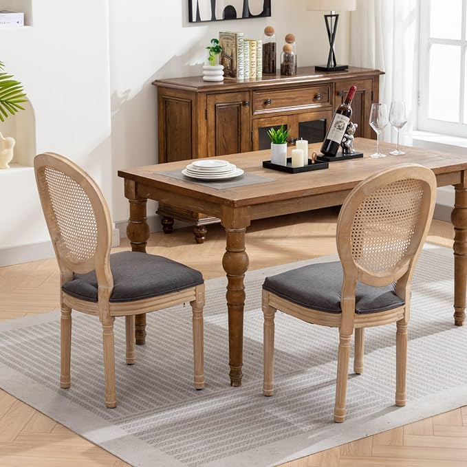 Vintage French Rattan Dining Chairs Set of 4, Solid Wood Frame with Round Rattan Back and Linen Upholstered Seat, Farmhouse Accent Sillas de Comedor Side Chairs for Dining Room & Kitchen, Gray