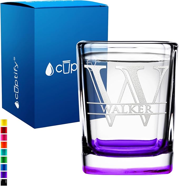 Personalized Square Shot Glasses Purple Bottom 2oz Engraved Initial and Name Custom Gifts, Weddings, Birthdays, Party, Event, Decorations