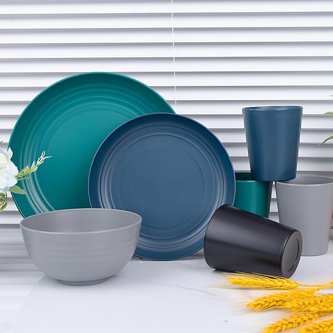 Supernal 32pcs Wheat Straw Dinnerware Sets,Plastic Plates and Bowls Sets for 8,Unbreakable Plates and Bowls Sets Dishwasher Safe Fun Colors Perfect for Cooking Family Camping Picnics