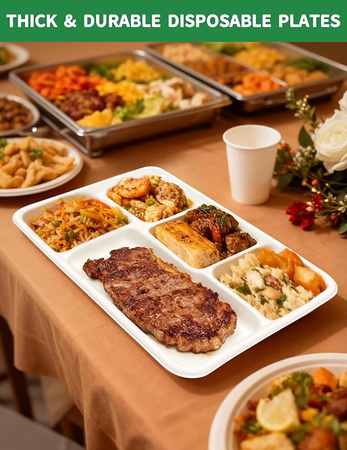 100% Compostable 5 Compartment Plates - 100 Pack Heavy Duty Lunch Trays, 12.5x8.6 Inch Disposable Bagasse Plates for School, Party, Buffet | Eco-Friendly Paper Trays with Dividers