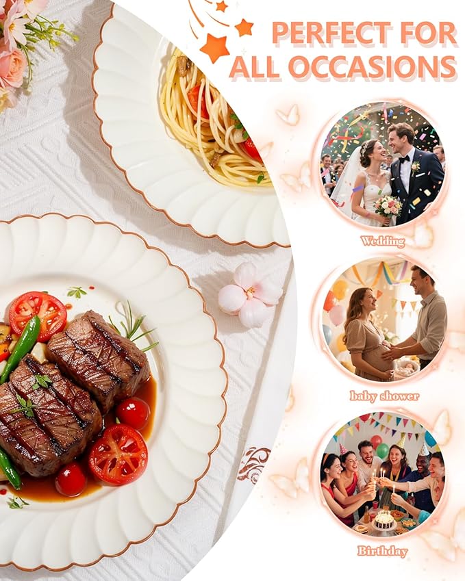 YOUBET 175PCS Ivory Scalloped Plastic Plates - Rose Gold Disposable Dinnerware Set Include 50 Plates, 75 Rose Gold Silverware, 25 Cups, 25 Napkins for Party & Wedding & Baby Shower