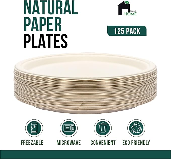 EconoHome 7 Inch Compostable Paper Plates - Eco-Conscious Disposable Plates Made of Bagasse or Sugarcane Fiber - Microwave, Refrigerator-Safe - Heavy Duty Paper Plates for Dinner - Case of 1000