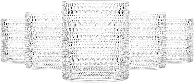 Glassware Set of 6, 13 OZ/390ml Hobnail Kitchen Glassware, Embossed Vintage Glass for Water, Cocktail, Soda, Beverage, Juice