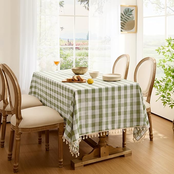 Softalker Spring Checkered Tablecloth Rectangle, Outdoor Linen Cotton Gingham Table Cloth with Tassel, Heavy Duty Wrinkle Free Buffalo Plaid Table Cover for Easter Dining Home - 55 x 120 Inch, Sage