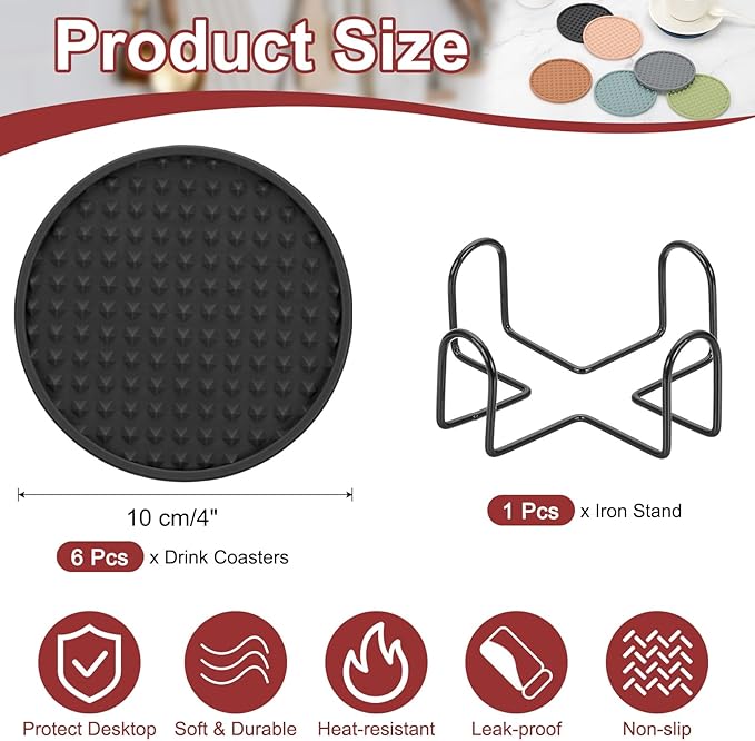 uxcell Set of 6 Round Drink Coasters with Holder, 4" Silicone Coaster for Drinks Non-Slip Cup Coaster Heat Resistant Glass Cushion for Bar Kitchen Office Decor, Black(Pentagon)