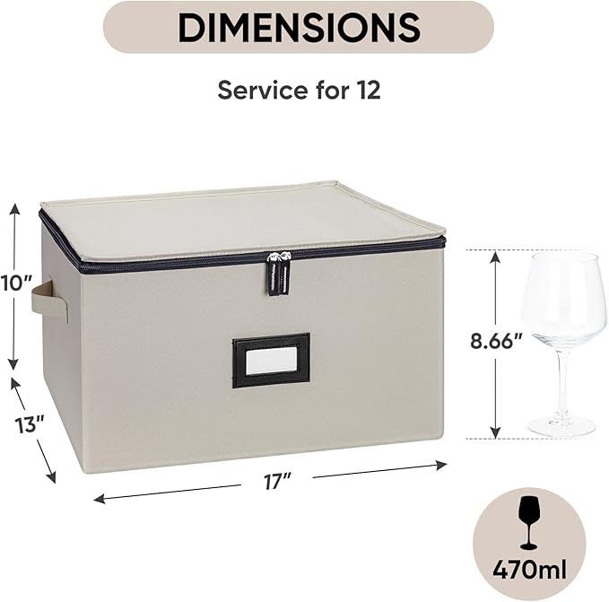 BALEINE China Storage Containers, Sturdy Quilted Wine Glass Storage, Plate Organizer with Carry Handles, Moving Boxes for Dishes, Cups, Mugs and Stemware (Wine Glass, Hard Shell Cream)