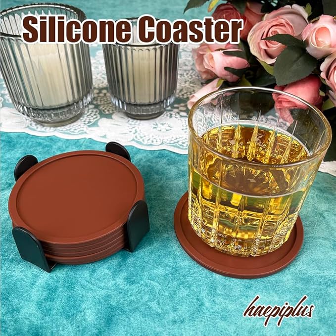 6 Pieces Silicone Coasters, Cup Coasters for Drinks, Heat Resistant Glass Cushion, Coffee Coaster for Table, Desk, Kitchen, Office, Bar Furniture Protection, Hot Cup Mat (Brown)