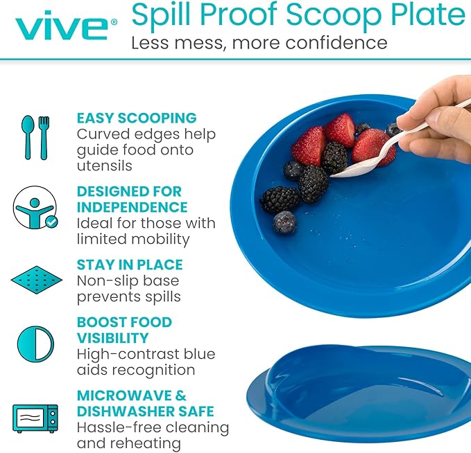 Vive Spill-Proof Scoop Plate, 9" (4 Pack) - Dish with Wall for Disabled, Handicapped, Elderly Adults with Special Needs from Parkinsons, Dementia, Stroke, Tremors with - Non Skid Padded Bottom