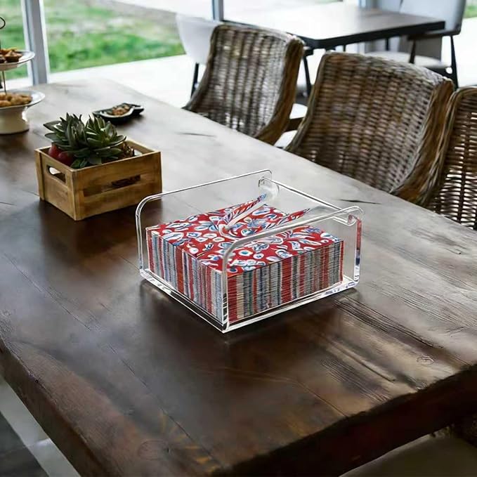 Clear Acrylic Gravity-Fed Napkin Holder with Weighted Arm, 4.9x4.9 Inch - Keeps Cocktail Napkins in Place for Bar, Patio & Kitchen Counter