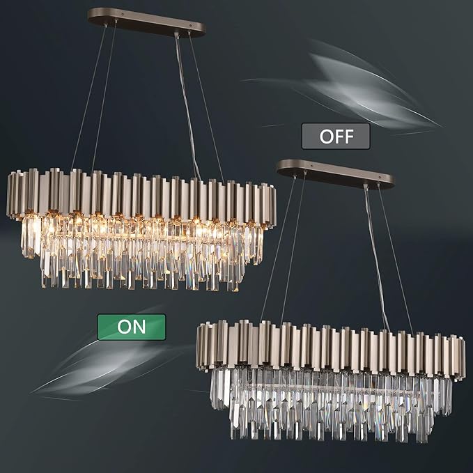 L35.4 Linear Modern Crystal Chandeliers Luxury Nickel Rectangle Chandelier for Dining Room Contemporary Oval Raindrop Pendant Ceiling Light Fixture for Kitchen Island Entryway Foyer 10 Lights