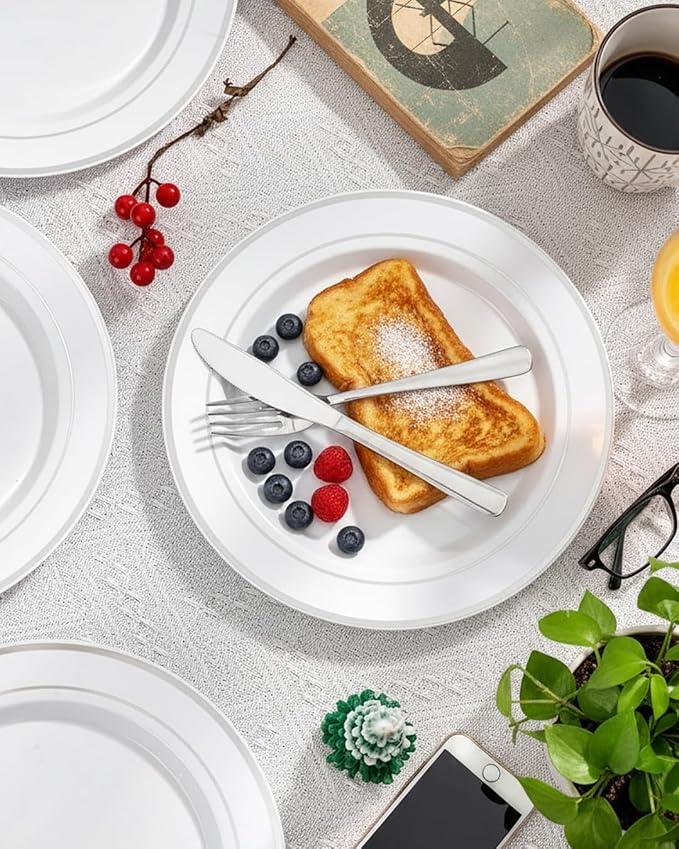 bUCLA 100Pieces Silver Plastic Plates - 10.25inch Silver Rim Disposable Dinner Plates - Ideal for Weddings, Parties