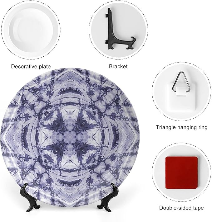 Ceramic Plates, Abstract Decorative Ceramic Plates, Modern Art Generated Resisting Twisting Fractal, 10 Inch, Household Plates Decorative, Lavender Blue Indigo