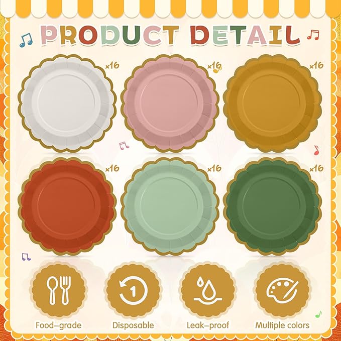 96 Pcs Fall Boho Paper Plates 9 Inch Gradient Scalloped Paper Disposable Dinner Dessert Plates for Birthday Wedding Bridal Party Supplies, 6 Colors