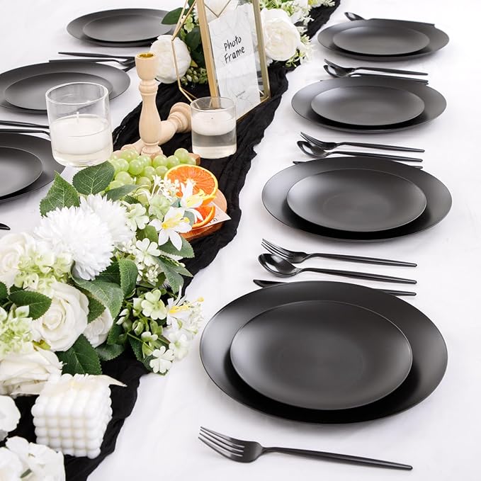 EI 150pcs Black Plastic Plates Frosted Plastic Plate,Premium Heavy Duty Black Plastic Plates,Black Disposable Plates with Plastic Silverware,10.25" Dinner Plates and 7.5" Dessert Plate Wedding Party
