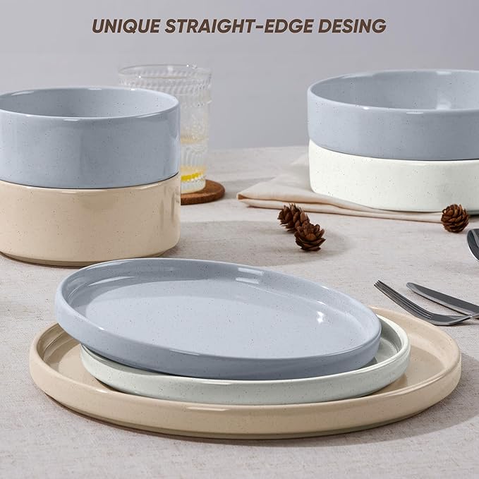E-far Dinnerware Sets with Pasta Bowls, 24-Piece Stoneware Plates and Bowls Sets for 6 | Microwave & Dishwasher Safe Kitchen Modern Dish Set, Speckled Multicolor