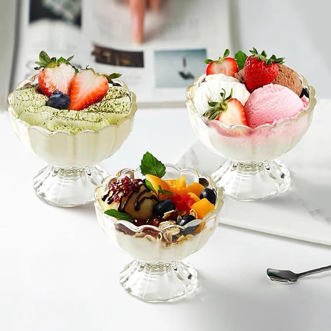 Iced Cream Dessert Bowl，Set of 9，6oz Vintage Glass ware with Heavy Base, Drinking Cup for Sundae, Fruit, Ice Cream, Snack, Condiment (9)