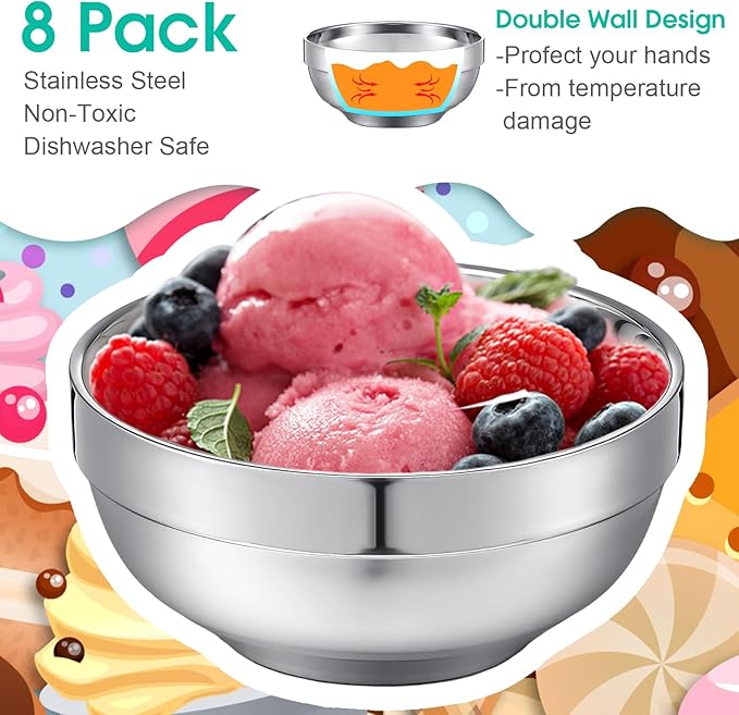 8 Pack 24 oz Stainless Steel Bowls Double Walled Insulated Soup Ice Cream Metal Mixing Nesting Bowls for Serving Soup Rice Cereal (304 Stainless Steel)