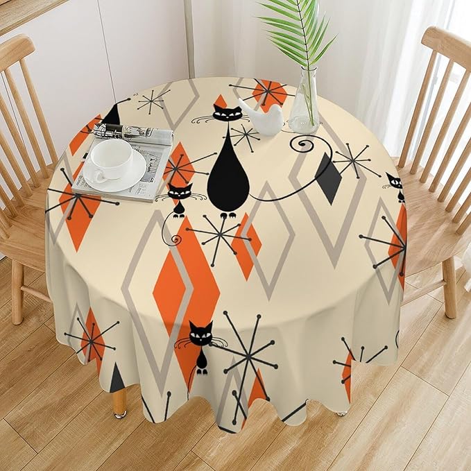 Retro Boho Modern Black Cat Round Tablecloth, Mid Century Boho Moon Abstract Geometric Leaf 50s 60s Style Tablecloth for Home Party Dining Room Kitchen Decor 70Inch(178cm)