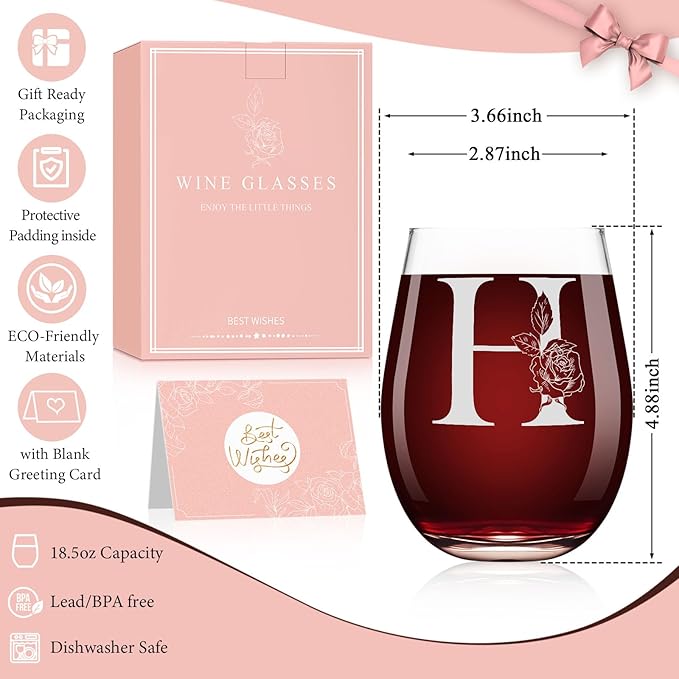 Valentines Day Gifts for Her, Gifts for Women Her Friend Mom Grandma Wife Sister Bridesmaid Nurse, Birthday Galentines Mothers Day Christmas, Personalized Initial Customized Wine Glasses 18OZ(H)