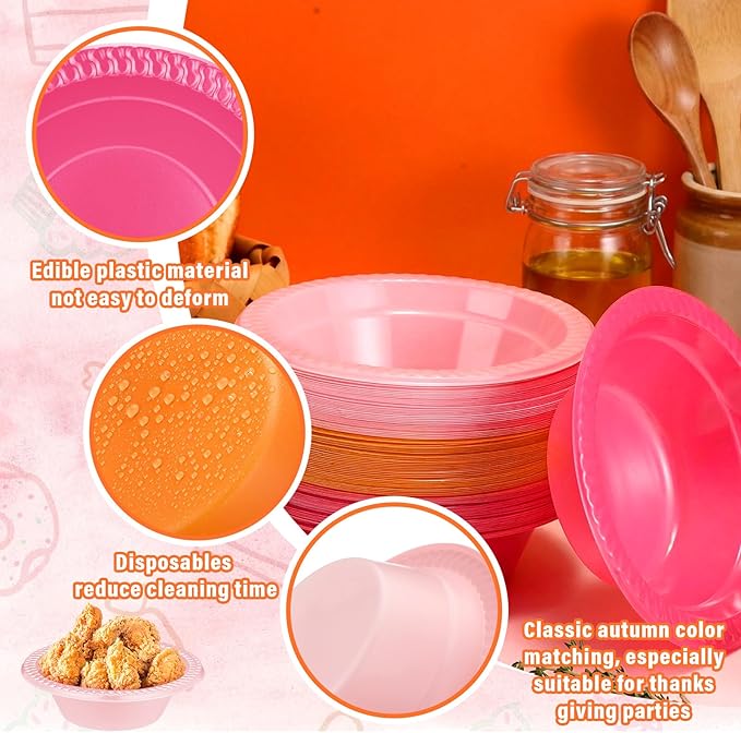 Layhit 100 Pcs Pink and Orange Disposable Plastic Bowls 12 oz Sunset Tropical Soup Dessert Salad Bowl Candy Snack Bowls Serving Supplies for Holiday Birthday Party Picnic